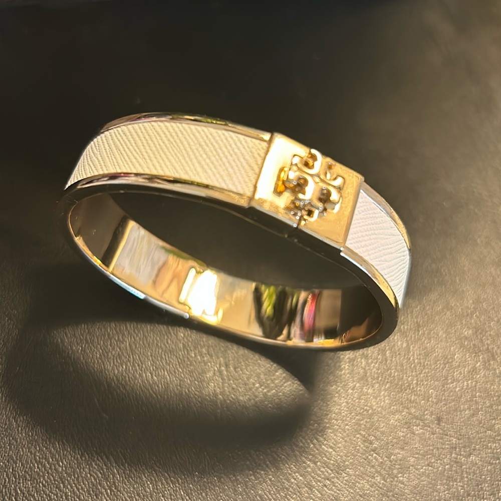 Tory Burch white leather hinged cuff bracelet